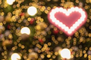Blurred background, heart-shaped bokeh lights on the Christmas tree are beautifully decorated and the heart symbol signifies love, friendship and kindness. heart shaped lights abstract background photo