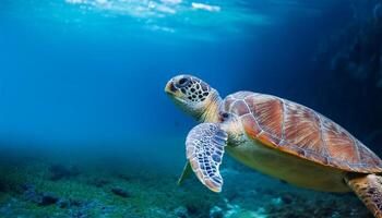 turtle's detailed shell and serene expression create a peaceful and captivating scene, emphasizing the beauty of marine life, Underwater photograph of a sea turtle gracefully swimming through ocean photo