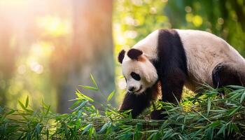 giant panda bear, The panda is expressive eyes and distinctive black and white fur stand out against the soft, natural light filtering through the trees, Portrait of a giant panda photo