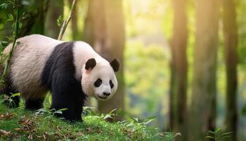 giant panda bear, The panda is expressive eyes and distinctive black and white fur stand out against the soft, natural light filtering through the trees, Portrait of a giant panda photo