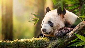 giant panda bear, The panda is expressive eyes and distinctive black and white fur stand out against the soft, natural light filtering through the trees, Portrait of a giant panda photo