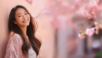 A beautiful Asian girl smiling happily, radiating joy and positivity. The image captures her genuine and cheerful expression, making it ideal for content related to happiness, positive emotions photo