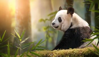 giant panda bear, The panda is expressive eyes and distinctive black and white fur stand out against the soft, natural light filtering through the trees, Portrait of a giant panda photo