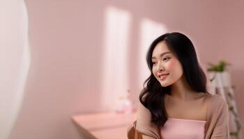 A beautiful Asian girl smiling happily, radiating joy and positivity. The image captures her genuine and cheerful expression, making it ideal for content related to happiness, positive emotions photo