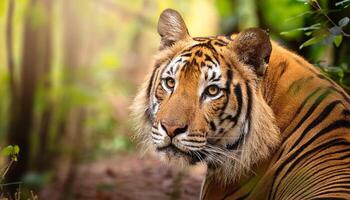 tiger in the jungle, Indian tiger resting in the lush forest, captured in natural light. The image highlights the tiger's piercing eyes, detailed stripes, and the serene environment it inhabits photo