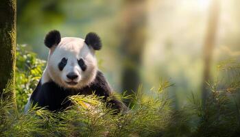 giant panda bear, The panda is expressive eyes and distinctive black and white fur stand out against the soft, natural light filtering through the trees, Portrait of a giant panda photo