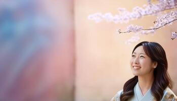 A beautiful Asian girl smiling happily, radiating joy and positivity. The image captures her genuine and cheerful expression, making it ideal for content related to happiness, positive emotions photo