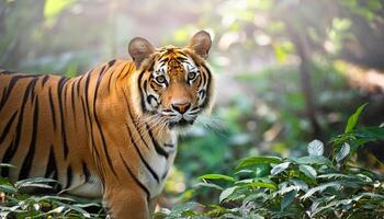 tiger in the jungle, Indian tiger resting in the lush forest, captured in natural light. The image highlights the tiger's piercing eyes, detailed stripes, and the serene environment it inhabits photo