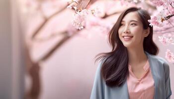 A beautiful Asian girl smiling happily, radiating joy and positivity. The image captures her genuine and cheerful expression, making it ideal for content related to happiness, positive emotions photo