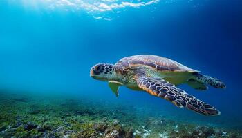 turtle's detailed shell and serene expression create a peaceful and captivating scene, emphasizing the beauty of marine life, Underwater photograph of a sea turtle gracefully swimming through ocean photo