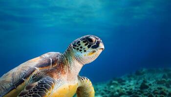 turtle's detailed shell and serene expression create a peaceful and captivating scene, emphasizing the beauty of marine life, Underwater photograph of a sea turtle gracefully swimming through ocean photo