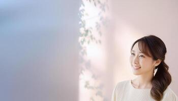 A beautiful Asian girl smiling happily, radiating joy and positivity. The image captures her genuine and cheerful expression, making it ideal for content related to happiness, positive emotions photo