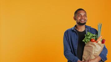 Portrait of african american guy posing with a paper bag full of groceries, shopping for organic ethically sourced goods. Vegan person supporting zero waste sustainable lifestyle. Camera B. photo