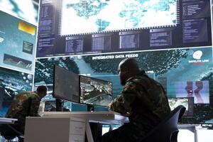Army intelligence officers use modern computer systems and satellite data to bolster national security, process critical information and support strategic planning. Mission control center command post. photo