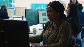 Enterprise manager analyzes annual reports and statistics on a pc, works on creating business strategies and goals. Analyst studying market dynamics and organizational progress. Camera A. photo