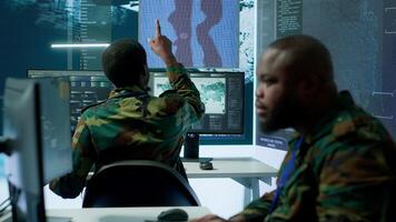 Group of soldiers in a secure office environment collaborates on intelligence analysis, and strategic planning. Crucial efforts for maintaining national security and operational efficiency. Camera A. photo