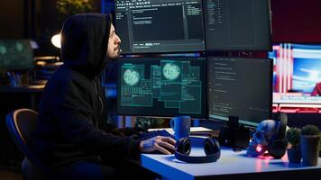 Hacker stealing credit card numbers while listening music through headphones. Evil developer programming in apartment, infiltrating banking systems, hearing songs, camera A photo