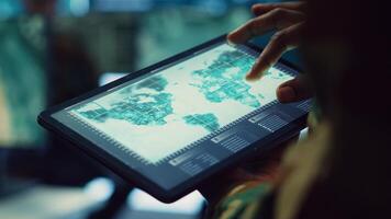 Navy operations specialist examines a world map with gps system on his tablet, working on finding tracks of enemy vessels. General employs government satellite data for missions. Close up. Camera A. photo