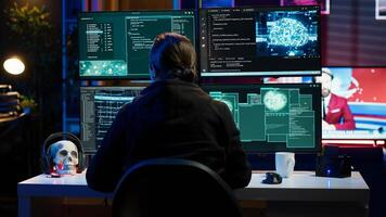 Rogue IT engineer uses AI deep learning to develop zero day exploit undetectable by antivirus. Hacker uses artificial intelligence computerized model to build script doing data mining, camera A photo