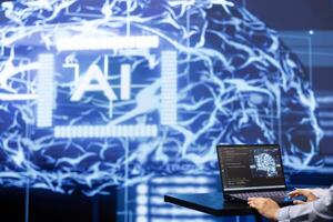 AI specialist working in modern lab, emphasizing importance of data driven decision making in tech industry. Engineer developing innovative artificial intelligence solutions for startup photo