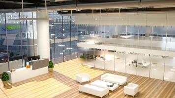High end corporate lobby with a modern reception desk and spacious layout. Bright interior, natural light and panoramic city views create a comfortable and professional business environment. photo