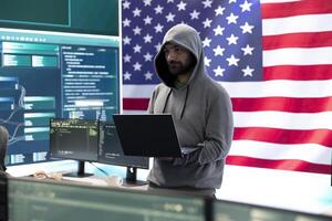 Cybersecurity specialists in a high tech office with the American flag, focusing on cyber intelligence and secure network operations. Works on information security and malware detection. photo