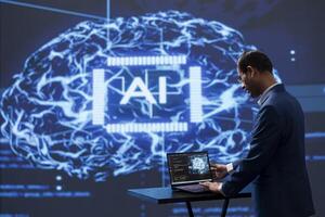 Computer scientist analyzing complex AI brain models on laptop. IT professional using machine learning software on notebook device to develop artificial intelligence technology photo