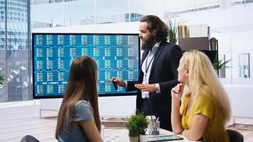 Financial adviser presents market analytics to clients using large screen, emphasizing data driven decision making. Broker showing statistical charts about stock exchange indicators, camera A photo