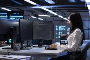 Engineer in data center running system diagnostic tests and error checking utilities to identify and resolve problems. Worker looking for network issues affecting server performance and connectivity photo