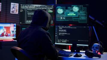 Hacker happy after successfully doing computer sabotage using ransomware, seeing access granted message. Cybercriminal successfully gaining access to victim data, demanding ransom money, camera B photo