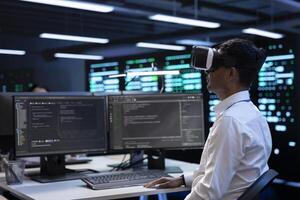 Developer immersed in virtual reality in server hub, doing units maintenance. Technician using VR headset to optimize servers performance, checking operations in data center photo