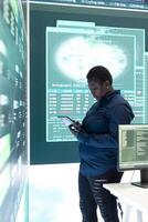 Governmental hacker woman working with a tablet and big screen in high tech office, focusing on data security and cyber operations. Cybercrime, server protection and threat detection. photo