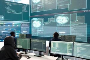 Cyber defense expert examining data on a big screen in governmental agency, focusing on cyber operations and digital security. Hacker ensures protection against cybercriminal activities. photo