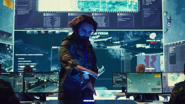 Infantry unit leader studies satellite imagery on a holographic image, working with high tech holograms to create the mission details for the troops. Ways to attack hostile vessels at sea. Camera B. photo