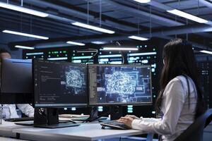 Technician using computer to do checkup in server room providing vast computing resources and storage, enabling artificial intelligence to process massive datasets for training and inference photo