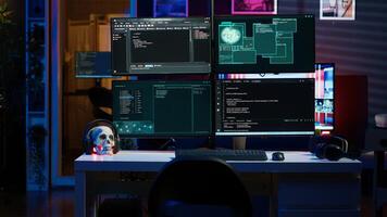 Lines of code running on PC in empty hidden apartment, used by hacker to steal data by targeting unpatched security systems, compromising digital devices, attacking firewalls photo