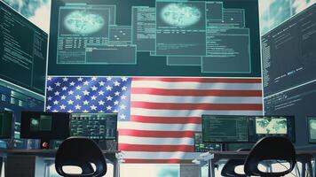 High tech governmental cyber operations center with USA flag. Network security, cyber defense and global surveillance to protect national security. Hacking tools for digital defense. Camera B. photo
