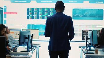 Company employee establishing project details and essential information about achieving business objectives, allocating budget and other resources. Strategic projection. Camera A. photo