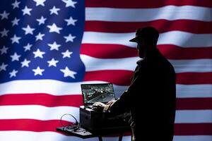 U.S. Army soldier protecting security and freedom of country by serving in the armed forces. United States military officer trained to defend his country and citizens, working in command center photo