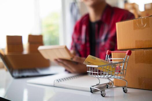 background Credit Card Shopping Cart is the concept of using a credit card to pay for items when shopping online through a secure application And credit cards are also convenient for payment. photo