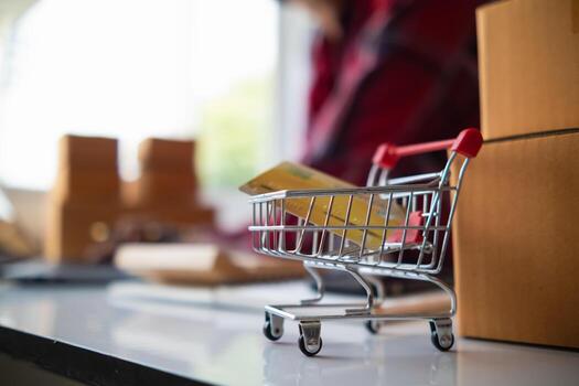 background Credit Card Shopping Cart is the concept of using a credit card to pay for items when shopping online through a secure application And credit cards are also convenient for payment. photo