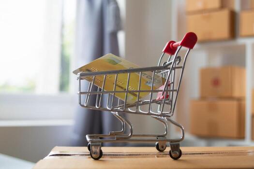 background Credit Card Shopping Cart is the concept of using a credit card to pay for items when shopping online through a secure application And credit cards are also convenient for payment. photo