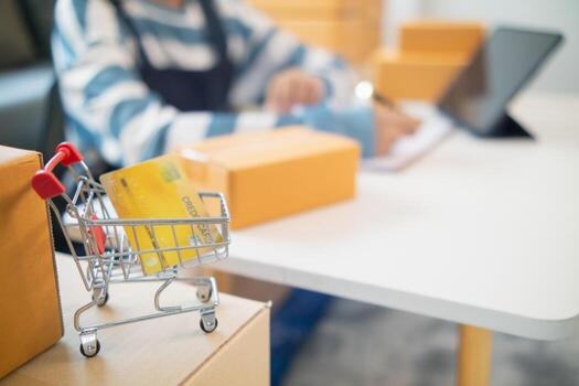 background Credit Card Shopping Cart is the concept of using a credit card to pay for items when shopping online through a secure application And credit cards are also convenient for payment. photo