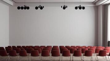 Interior of empty auditorium room with white walls and wooden floor. photo