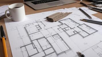 architectural plan. construction site, pencils and blueprints on a messy table. photo