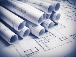 arquitectónico plan. construcción sitio, lapices y planos en un sucio mesa. foto