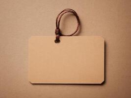 Brown Paper Price Tag With String Isolated on brown background. photo