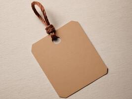 Brown Paper Price Tag With String Isolated on brown background. photo