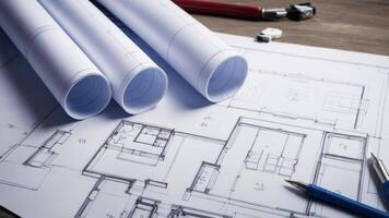 arquitectónico plan. construcción sitio, lapices y planos en un sucio mesa. foto