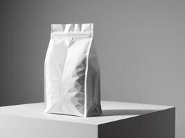 White paper doypack placed on podium on empty background. photo